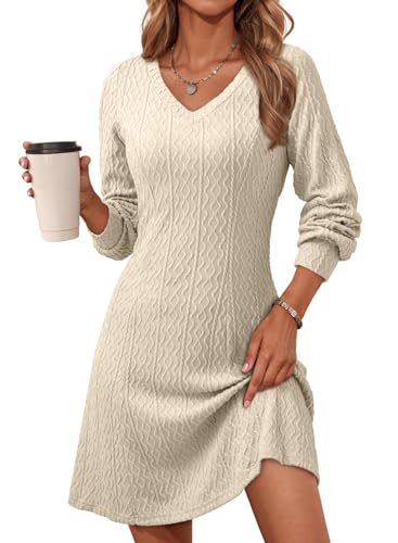Dokotoo Winter Dresses for Women Trendy V Neck Knit A Line Long Sleeve Dress Sweater Dress