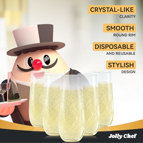 JOLLY CHEF 36 Pack Stemless Plastic Champagne Flutes 9 oz, Crystal Clear Stemless Plastic Toasting Glasses, Clear Disposab...