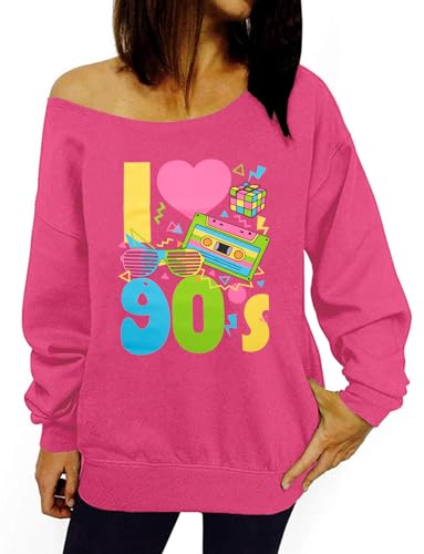 QLIPIN 80s 90s Outfits for Women 80's Theme Party Long Sleeve Shirt 90s Off the Shoulder Sweatshirt Retro Neon Disco Pullover