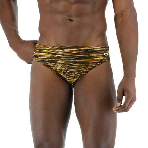 TYR Men's Standard Durafast Elite Racer Brief Swimsuit, Gold Fizzy, 38