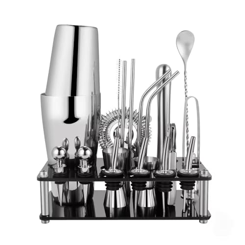 Bartender Cocktail Mixing Kit, Silver Barware Set, Professional Bar Tools with Bottle Opener and Shaker