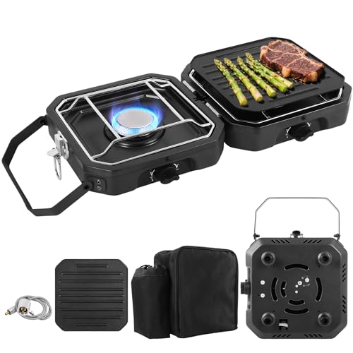Adjustable 2 Burner Portable Camping Stove Propane (16000 BTU) with Camping Grill and Carrying Bag, Folding Propane Stove,...