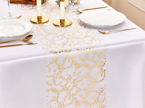 YATOJUZI Gold Table Runner,16 Ft Golden Star Sheer Chiffon Tulle Table Runner,Sequin Glitter Metallic Foil Gold Table Deco...