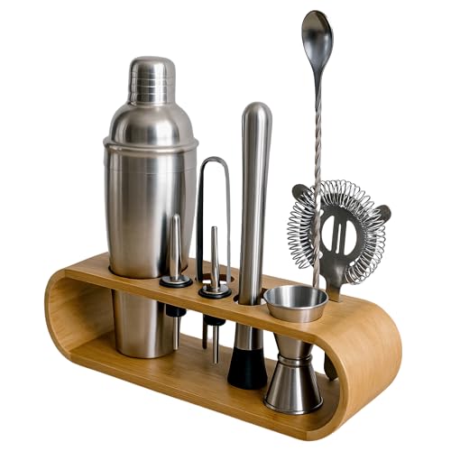 AMERICANISTA Cocktail Shaker Set Bartender Kit with 10 Bar Tools & Bamboo Stand – Martini Shaker, Jigger, Strainer, Muddle...
