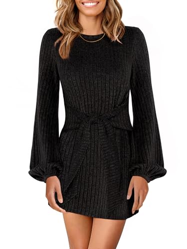 ANRABESS Womens 2026 Fall Dress Long Lantern Sleeve Ribbed Knit Casual Tie Waist Lightweight Mini Sweater Dress