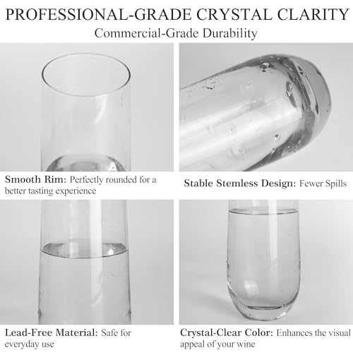 GLAZVIA Stemless Champagne Flutes Glasses Set of 6-10oz Elegant Crystal Champagne Glass, Classic Clear Flute Gift for Wedd...