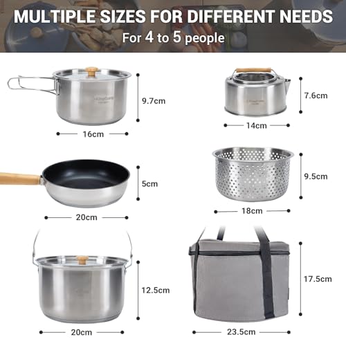 Camping Cookware Set, 304 Stainless Steel Campfire Cooking Pots Pan and Kettle with Camping Stove, 3 Burners Propane Porta...