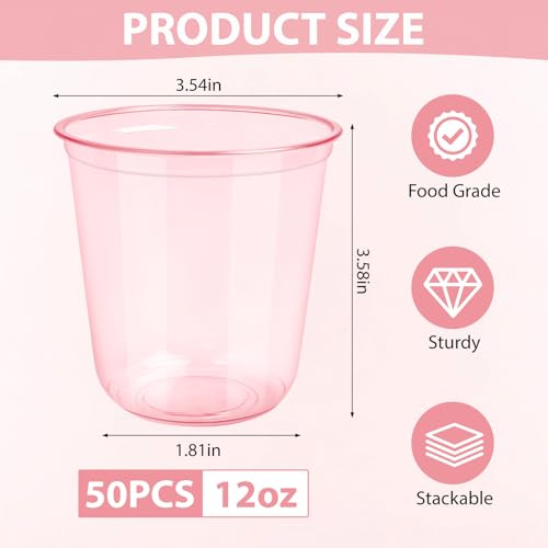 GGOLDMER 50 PCS Pink Plastic Cups - 12oz Disposable Stemless Wine Glasses, Clear Pink Cocktail Party Cups for Valentine's ...