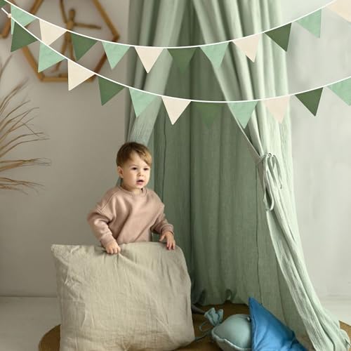 2 Sets of Sage Green Pennant Banner 24Pcs Nursery Garland Flags Olive Green Fabric Linen Triangle Streamers for Baby Room ...