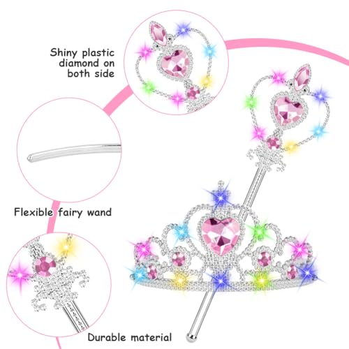 Vicloon 2PCS Light Up Princess Crown and Wands, Princess Dress Up Accessories for Little Girls Christmas Birthday Cosplay