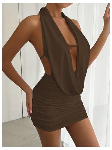 SOLY HUX Women's Sexy Deep V Neck Halter Bodycon Mini Dress Sleeveless Party Club Dresses