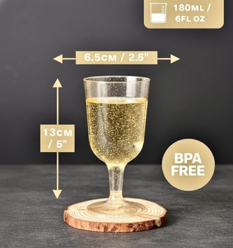 MATANA 50 Gold Glitter Plastic Wine Glasses for Weddings, Birthdays, Bridal Shower & Parties, 6oz - Sturdy & Reusable