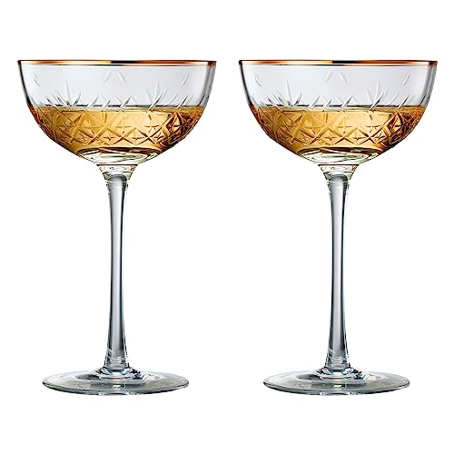 Vintage Art Deco Luxury Coupe Glasses, Cocktails, Martini, Margarita, In Premium Gift Box 24K Gold Rim | Set of 2 | 8 oz C...