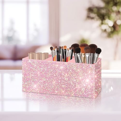 Bling Makeup Brush Holder Organizer, 3 Slot Sparkle Cosmetics Brushes Storage Holders with Shiny Rhinestones, Glitter Cute...