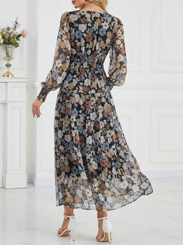 ANRABESS Womens Floral Long Sleeve Maxi Dress V Neck Chiffon Flowy Boho A-Line 2026 Spring Wedding Guest Party Wrap Dresses