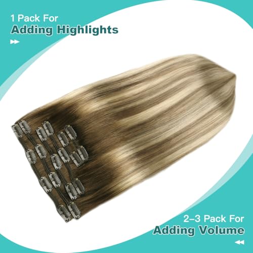 SURNEL Clip in Extensions Real Human Hair Balayage Clip in Hair Extensions 16 Inch 6pcs 100g Walnut Brown to Ash Brown and Golden Blonde Human Hair Extensions Clip ins (#3/8/22,16'')