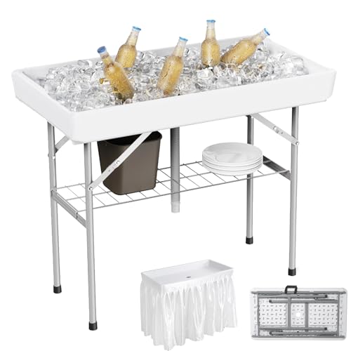 Allpop 4 Foot Folding Ice Cooler Table with Matching Skirt, Portable Patio Table with Grid Rack & Drain Hose for Party Bar...