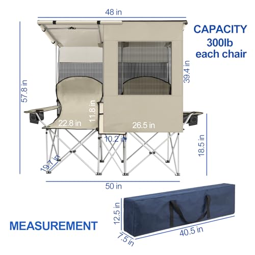 ptlsy Double Camping Chair with Canopy, Folding Two-Person Seat, Portable Outdoor Loveseat with Shade, Portable Chairs for...