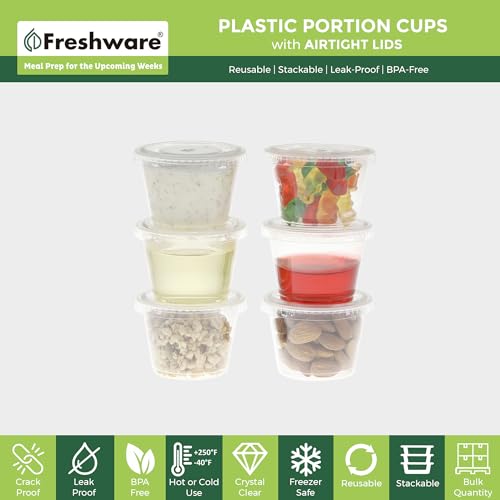Freshware Plastic Portion Cups with Lids [1 Ounce, 200 Sets] Disposable Plastic Cups for Meal Prep, Salad Dressing, Jellos Shot Cups, Souffle Cups, Condiment and Dipping Sauce Cups