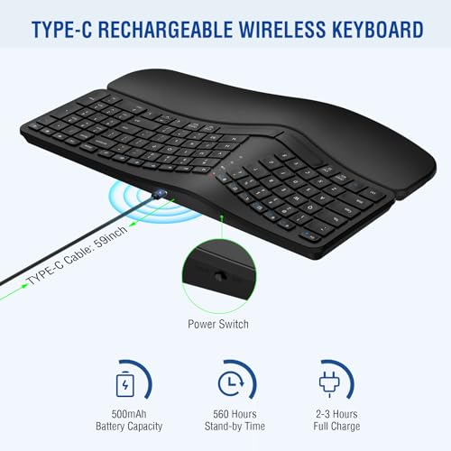 EDJO Ergonomic Wireless Keyboard Rechargeable, Bluetooth/2.4G Wireless Keyboard with Cushioned Wrist Rest, Multi-Device, S...