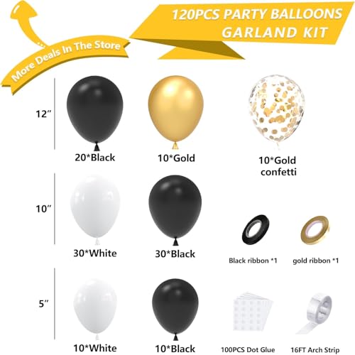 NISOCY Black and Gold Balloons Garland Arch Kit, 120PCS Black White Metallic Gold Balloons Arch Kit with Confetti Balloons...