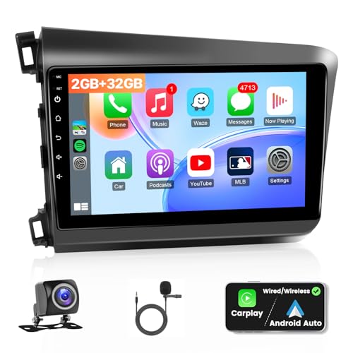 Car Stereo Radio for Honda Civic 2012 2013 2014 2015, Wireless Carplay Android Auto, 9 inch IPS Screen for Civic, GPS Navi...