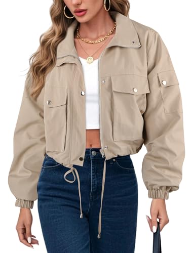 UEAL Womens Cropped Bomber Jacket 2026 Trendy Zip Up Lightweight Utility Anorak Coat With Pockets