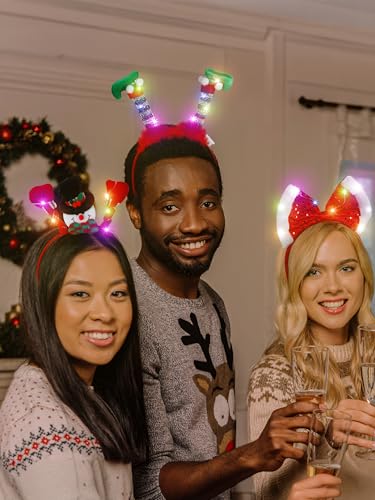 LED Christmas Headband, Reindeer Antler Leprechaun Hat Bow Hair Hoop for Xmas Holiday Party Favors Decorations Adults