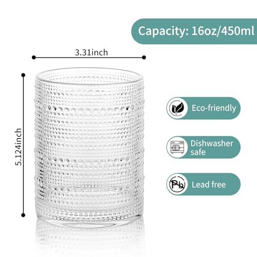 Salpae Hobnail Drinking Glasses Set of 6, 16 Oz Vintage Embossed Glass Cup Kitchen Glassware Water Tumblers for Cocktails,...