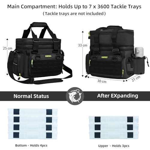 AUMTISC Fishing Tackle Bags for 3500/3600 Trays, Expandable Tackle Box Organizer Gear Storage Bag, with Rod Holders, Detac...