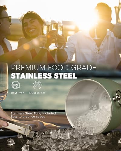 POLIVIAR Ice Bucket, 2.5L Double Wall Ice Bucket with Lid, Stainless Steel Ice Bucket with Tong & Strainer, Ice Bucket for...