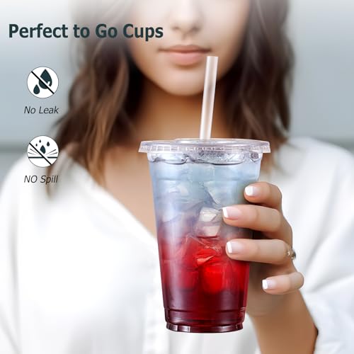 AOZITA [100 Sets] 16 oz Clear Plastic Cups With Lids and Straws, Disposable Cups With Lids for Iced Coffee, Smoothie, Milk...