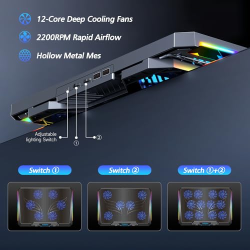 Trullypine Laptop Cooling Pad with 12 Quiet Fans, Slim Portable for 12-17.3 Inch Laptop Cooler Stand with 5 Height Adjusta...