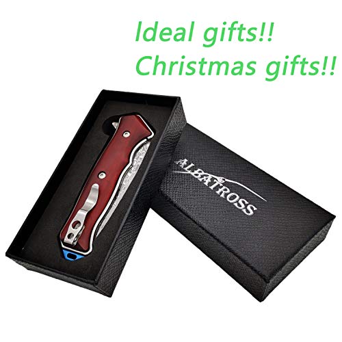 ALBATROSS Premium Damascus Folding Knife - EDC Pocket Knife with Cocobolo Wood Handle, 3.5" Blade, Liner Lock System - Out...