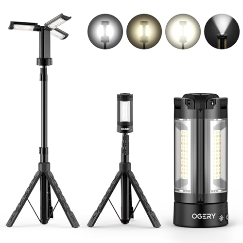 OGERY Rechargeable 10000mAh Camping Light with Stand 6.5 ft Max Height, Cordless Work Light with 3 LED Lamp Heads, 2200 Lu...