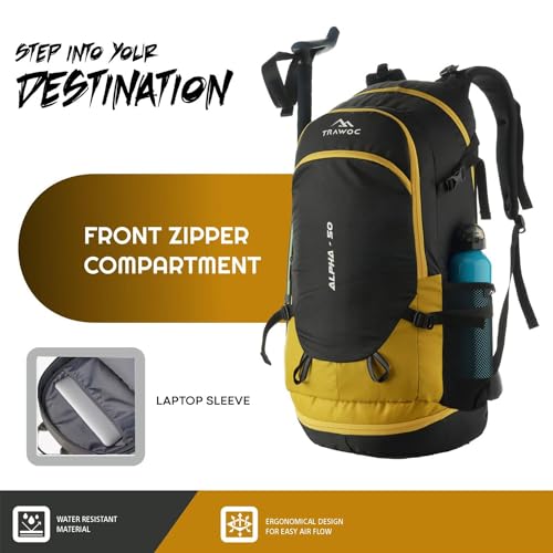 TRAWOC ALPHA 50 Litre Travel Backpack Water Resistant Daypack Bag for Cycling Trekking Hiking Camping for Men & Women, Yellow