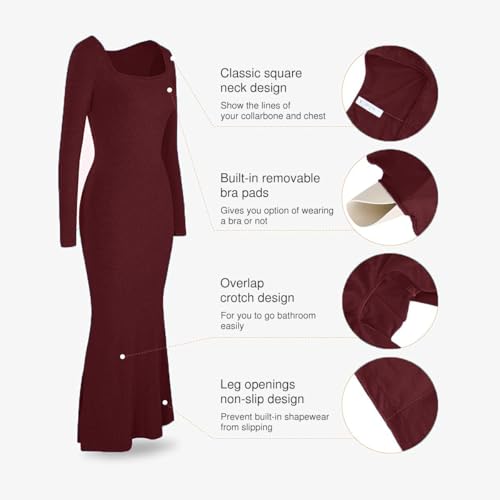 Popilush Women's Long Sleeve Maxi Dress Built-in Shapewear Bra Square Neck Fall Formal Wedding Guest Cocktail Bodycon Dresses