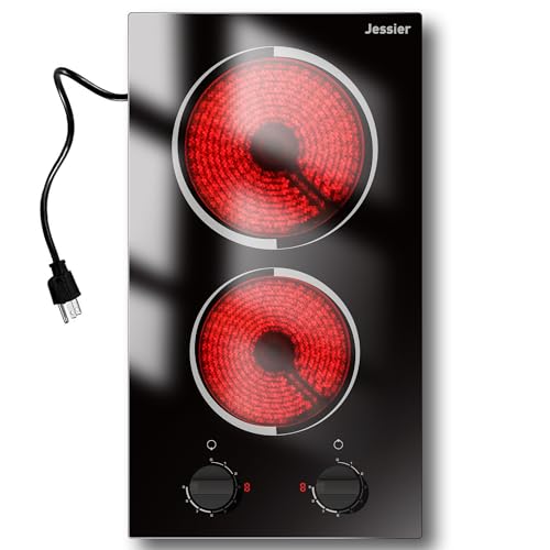 Jessier 2 Burner Electric Cooktop - 12 Inch Plug in Portable 110V Electric Cook Top Two Burner, Built-in & Countertop Cera...