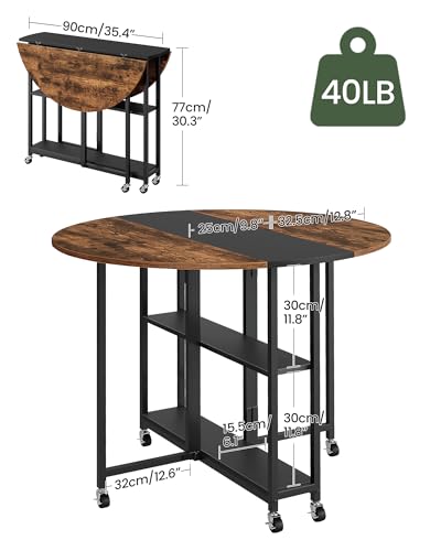 CHOEZON Folding Dining Table, Kitchen Table with 6 Wheels, Folding Round Table with 2-Layer Storage Shelf, Space Saving Di...