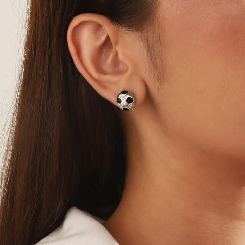 Jewmon Enamel Soccer Earrings Women Sports Earrings Stud for Men 925 Sterling Silver Cubic Zirconia Football Ear Stud Soccer Coach Gifts for Women Sport Jewelry Christmas Birthday Gifts Her FE0227W