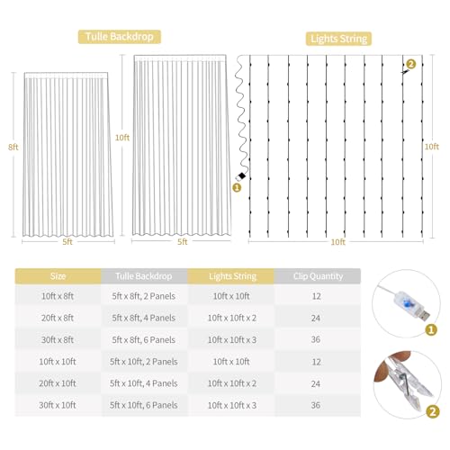 10ft x 10ft White Sheer Tulle Backdrop Curtains with Lights String for Party Wedding Wrinkle Free Curtain Backdrops Drapes...