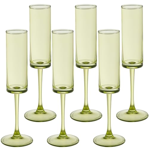 6 Pieces Green Champagne Flutes 6 OZ Straight Sided Wine Glasses Champagne Long Stem Drinking Colored Glasses,Set of 6 Han...