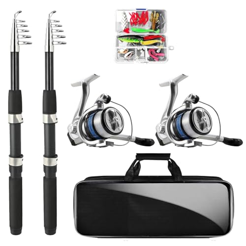 Telescopic Fishing Rod and Reel Combo, 2PCS 5.9FT Collapsible Fishing Pole Set with Pre-Loaded Spinning Reel Lures and Car...