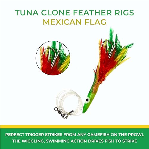 6" Tuna Clone Feather Rigs, 6 Pcs Mexican Flag Color, for Offshore Saltwater Trolling, Skirted Feather Lures, Ideal for Bi...