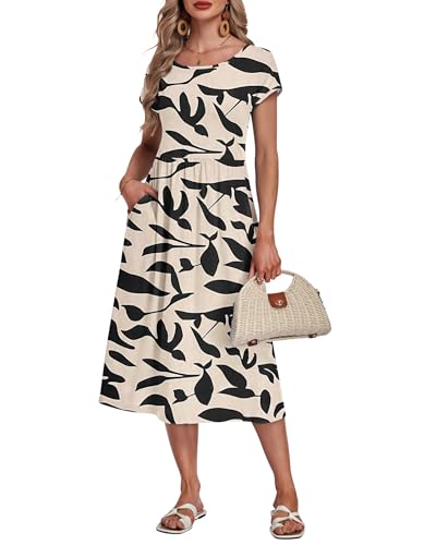 AUSELILY Women's Summer Short Sleeve Midi Dresses Round Neck Loose Dress with Pockets 2026 New