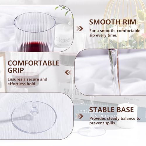 YOUBET 24 Pack Plastic Ribbed Wine Glasses - 10 OZ Clear Square Wine Glasses with Stem - Heavy Duty Vintage Disposable Cha...