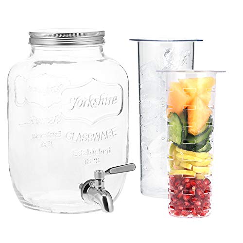 Navaris Glass Drink Dispenser with Spout - 4 L / 1 Gallon Mason Jar with Fruit & Ice Infuser - Beverage Fountain for Sweet...