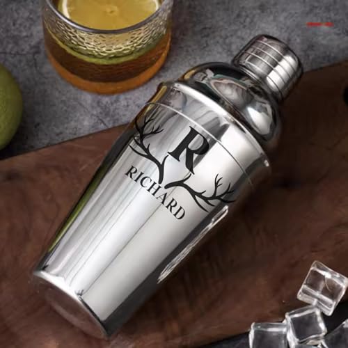 Personalized Cocktail Shaker 24oz - Custom Stainless Steel Bar Kit with Engraved Name, Built-in Strainer & Measuring Jigge...