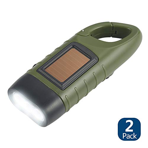 Simpeak 2-Pack Hand Crank Solar Powered Flashlight, Emergency Rechargeable LED Survival Flashlight, Quick Snap Carbiner Dy...