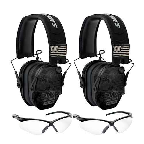 Walker's Razor Patriot Series Hi-Gain Omnidirectional Microphone Adjustable Range Shooting Hunting Hearing Protection Electronic Earmuffs (Kryptek Camo) Bundle with Protective Glasses (2-Pack)